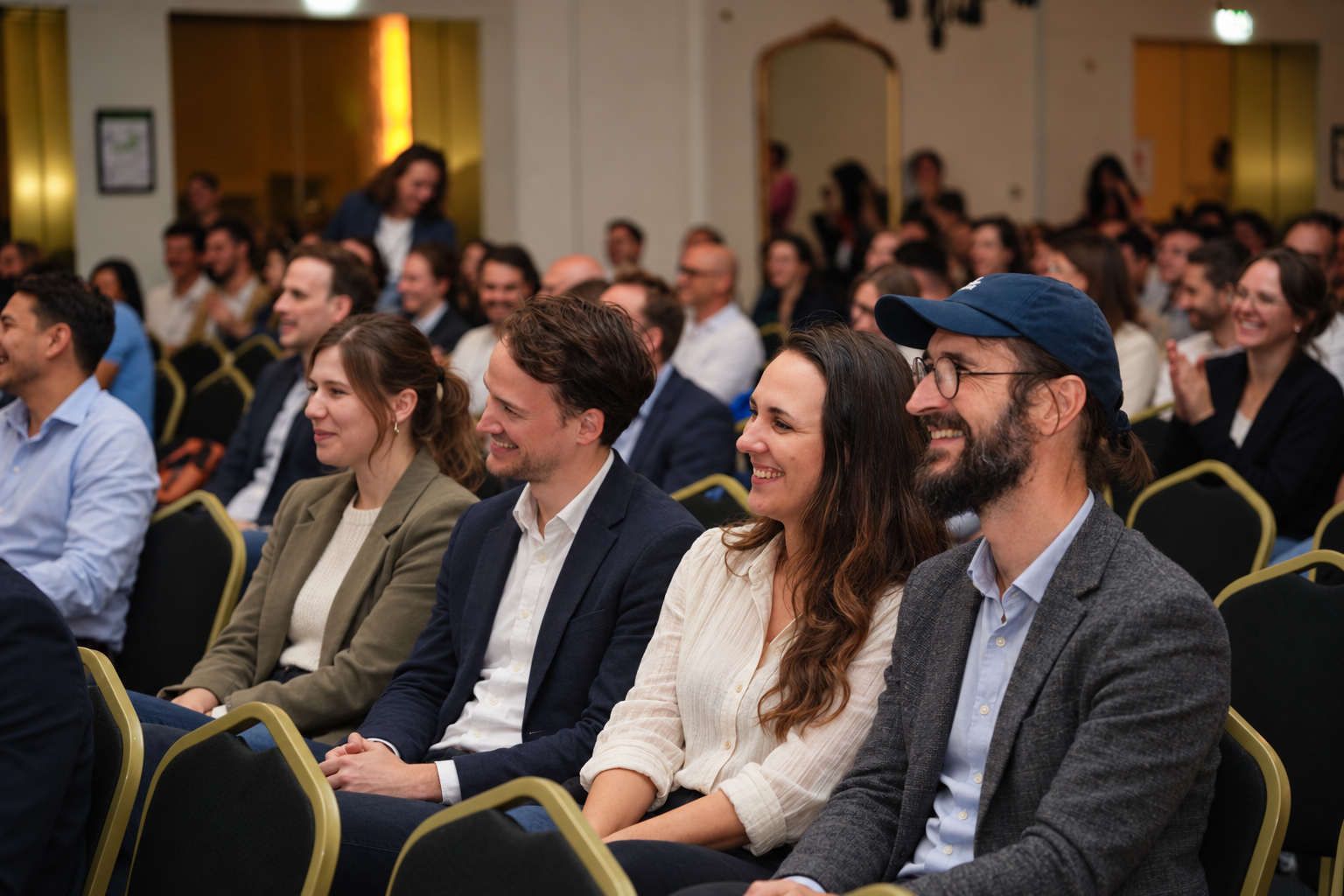 Gruppe lacht gemeinsam bei einem Sektempfang im smartvillage München-Bogenhausen