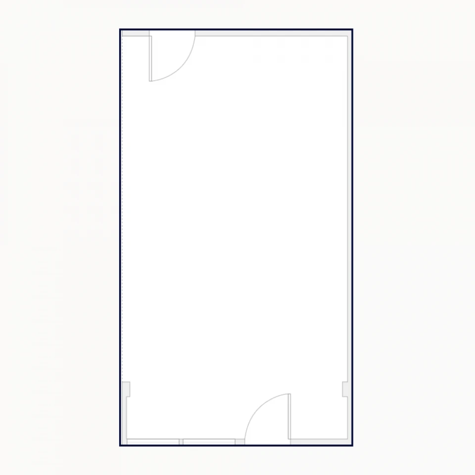 Einfacher architektonischer Grundriss eines Raumes mit Türen an zwei Seiten und abgerundeten Ecken.