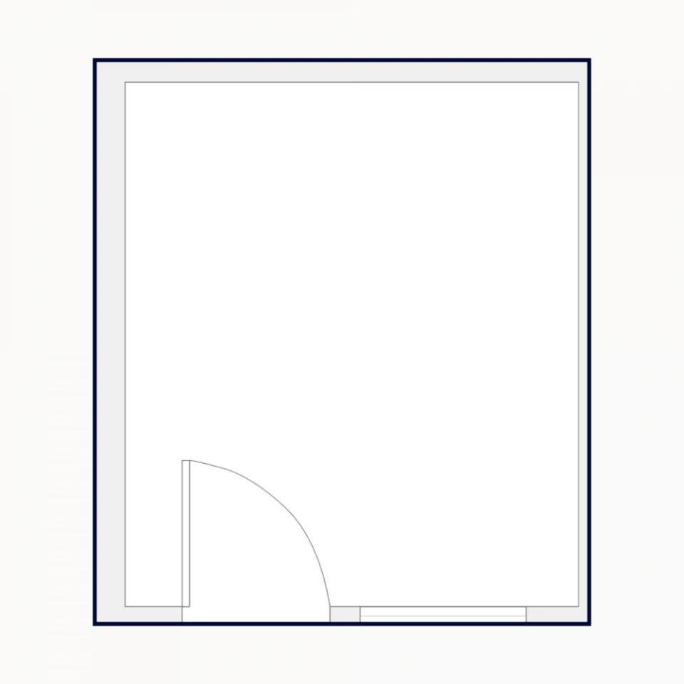 Schematic representation of an empty room with an open door in the lower left corner