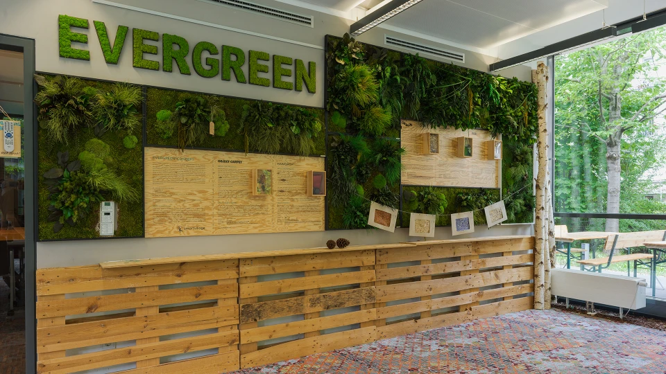 Interior view of a modern office featuring a wall decoration made of living plants and wood, with the word 'EVERGREEN' above. Various informational cards are affixed to the wall.