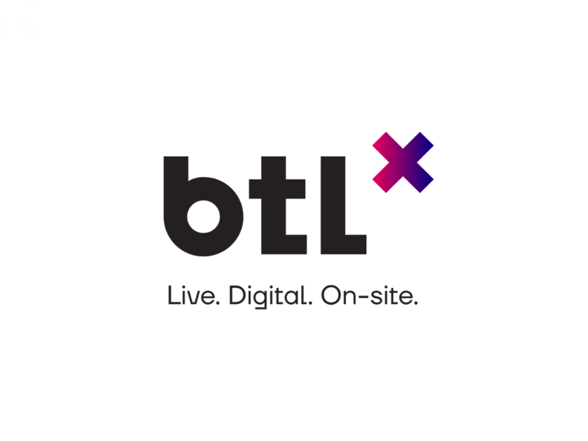 Logo mit dem Text 'btl*' in Schwarz, daneben ein pinkes und violettes Kreuz, darunter der Slogan 'Live. Digital. On-site.'